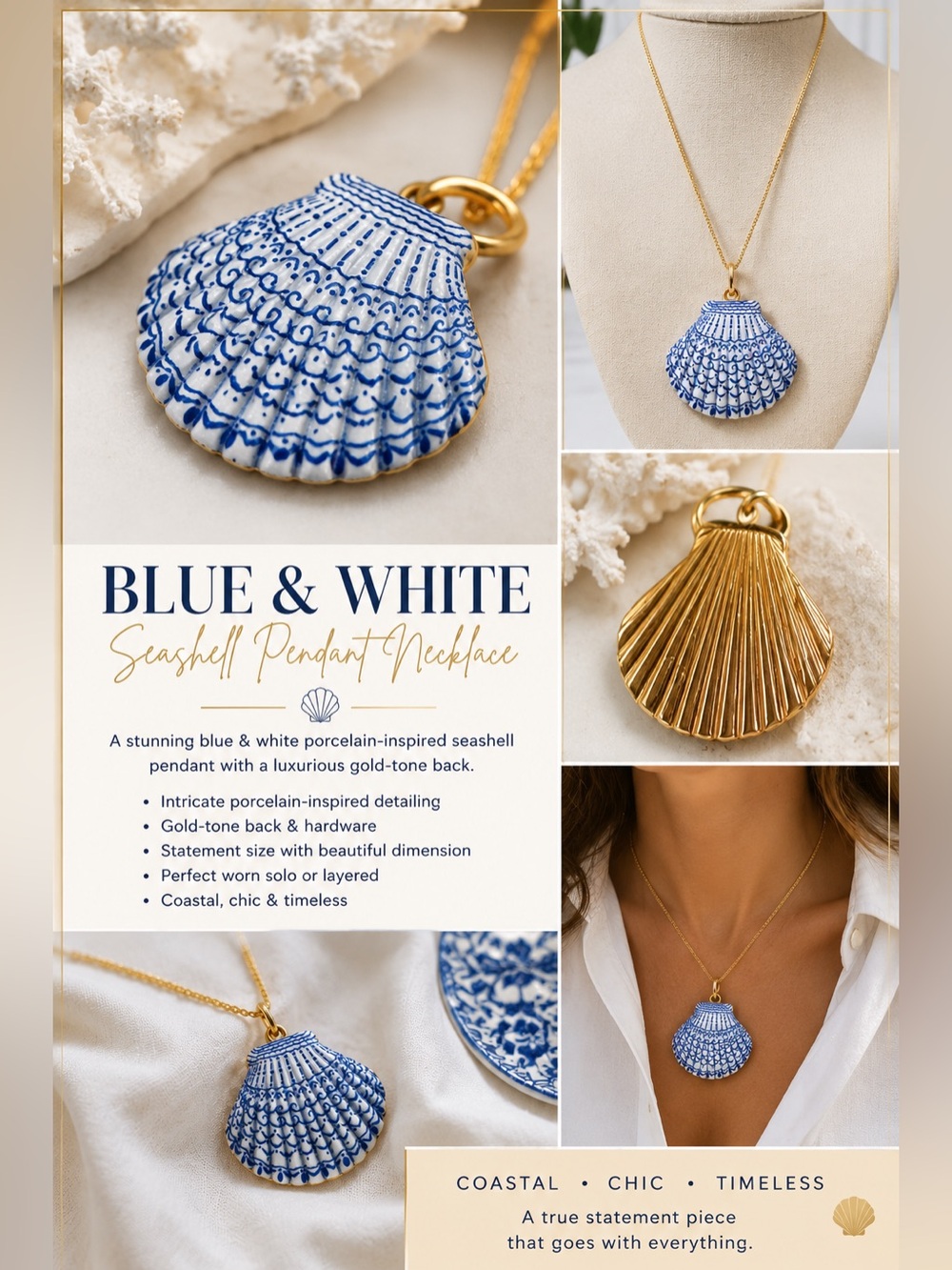 💙🤍🐚Blue & White Porcelain Seashell Statement Necklace. available in 16,18,20 in